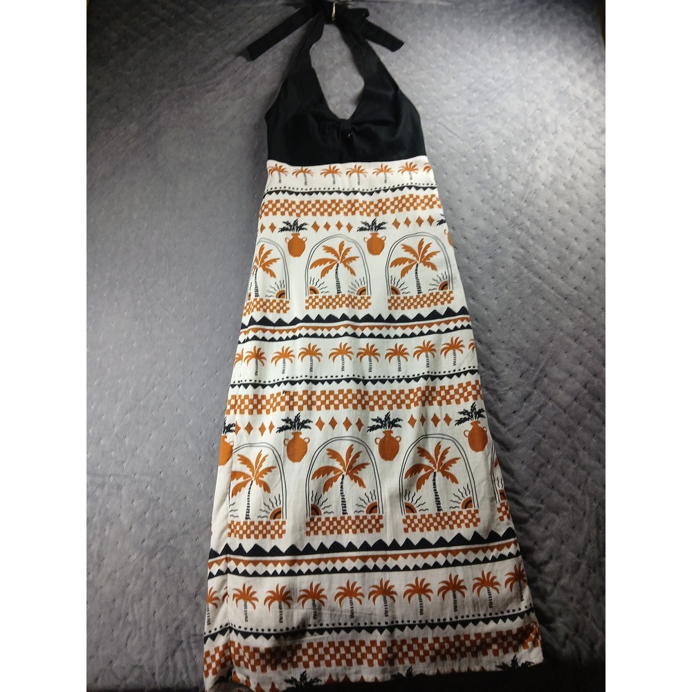 Minkpink Womens S Black Palm Tree Print Halter Maxi Dress Cutout Smocked Back